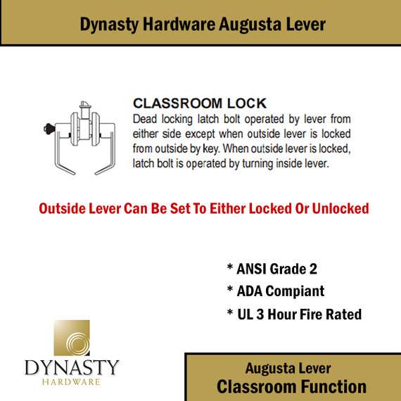 Dynasty Hardware AUG-03-26D Grade 2 Commercial Duty Classroom Function Keyed Lever Lockset, ADA, Satin Chrome Finish