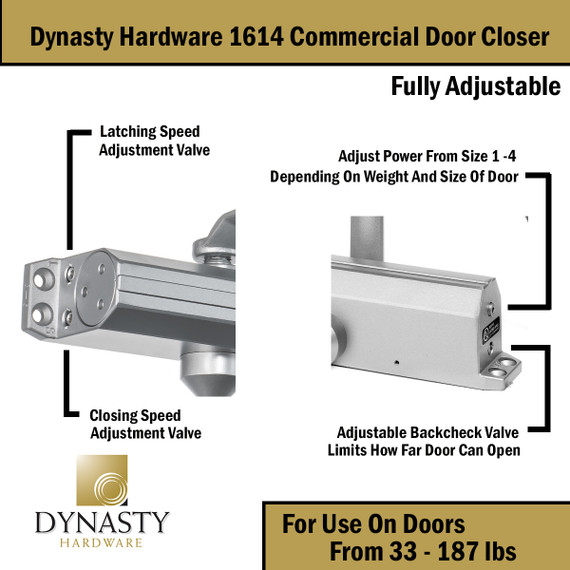 Dynasty Hardware 1614-ALUM Grade 1 Door Closer, Size 1-4, ADA Compliant Aluminum