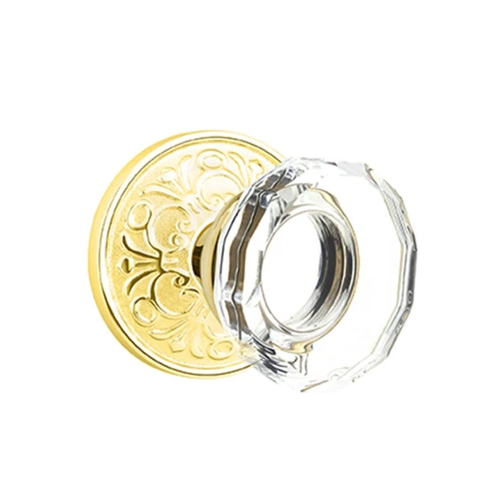 Emtek 8206-LW-US3 Lowell Crystal Door Knob Privacy Set With Lancaster Rosette Polished Brass