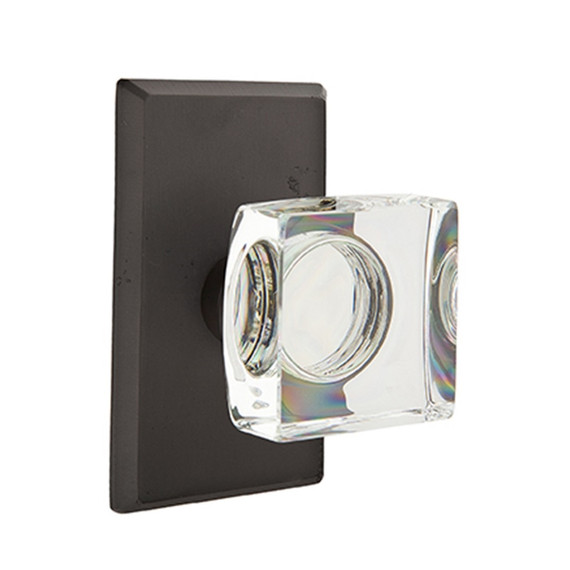 Emtek 7104-MSC-FB Modern Square Crystal Door Knob Passage Set With Sandcast Bronze #3 Rosette Flat Black