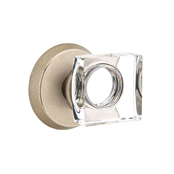 Emtek 7206-MSC-TWB Modern Square Crystal Door Knob Privacy Set With Sandcast Bronze #2 Rosette Tumbled White Bronze