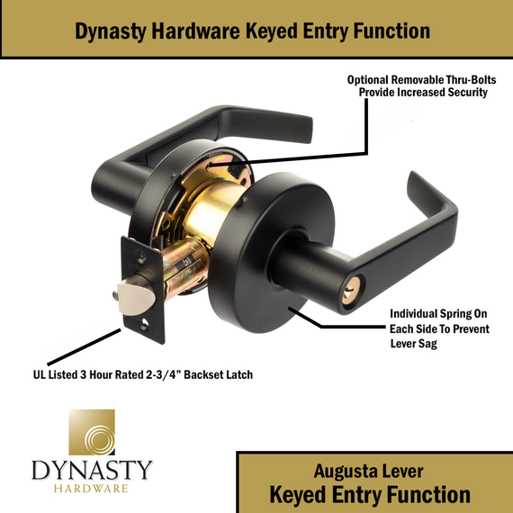 Dynasty Hardware AUG-00-US19 Grade 2 Commercial Duty Office Door Keyed Lever Lockset, ADA, Flat Black