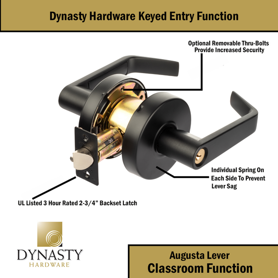 Dynasty Hardware AUG-03-US19 Grade 2 Commercial Duty Classroom Function Keyed Lever Lockset, ADA, Flat Black Finish