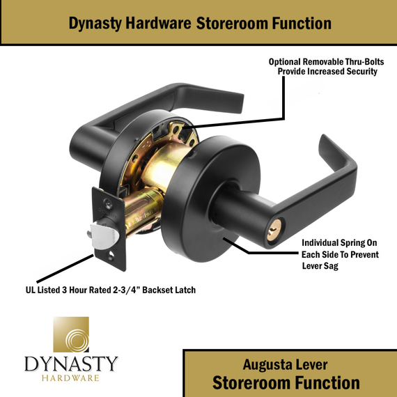 Dynasty Hardware AUG-05-US19 Grade 2 Commercial Duty Storeroom Function Keyed Lever Lockset, ADA, Flat Black Finish