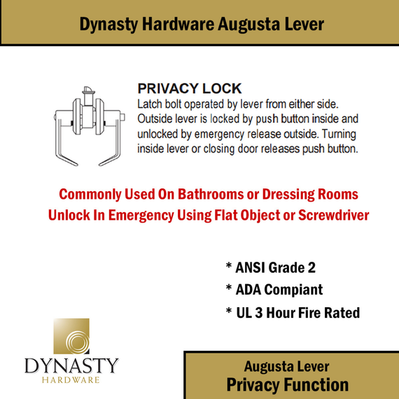 Dynasty Hardware AUG-20-US19 Grade 2 Commercial Duty Privacy Lever, ADA, Flat Black Finish