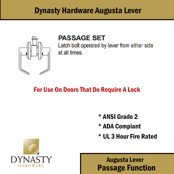 Dynasty Hardware AUG-30-US19 Grade 2 Commercial Duty Passage Lever, ADA, Flat Black Finish