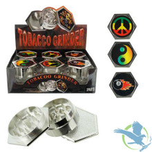 Colored Designs Hexagon Shape Tobacco Grinder - 64mm - 3 Parts - Assorted Designs - Display of 12 [GR037-YY] (MSRP $10.00 Each)