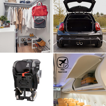 The New Diono Radian® 3QXT® FirstClass™ SafePlus™ All in One Luxury Convertible Car Seat in a Folded Position. Suitable and folds for travel, FAA approved [Black Jet]