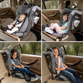 New Diono Radian® 3QXT® FirstClass™ SafePlus™ All in One Luxury Convertible Car Seat, Suitable From Birth to Booster for 10 Years One Car Seat, Suitable for 10 Years Of Use with 4 Positions for Rear and Forward Facing Child, 4 Grid Image of Children In Car Seat with 10 Years One Car Seat Icon [Gray Slate]