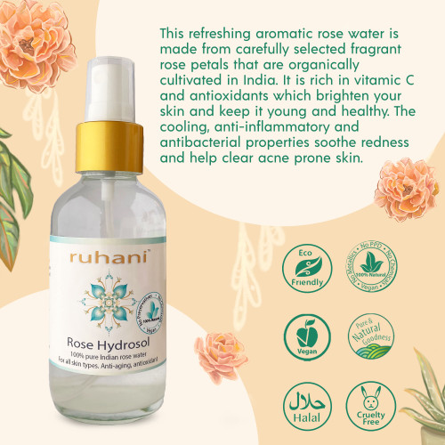 100% Pure rose hydrosol for the skin.  Made from high quality fragrant roses.