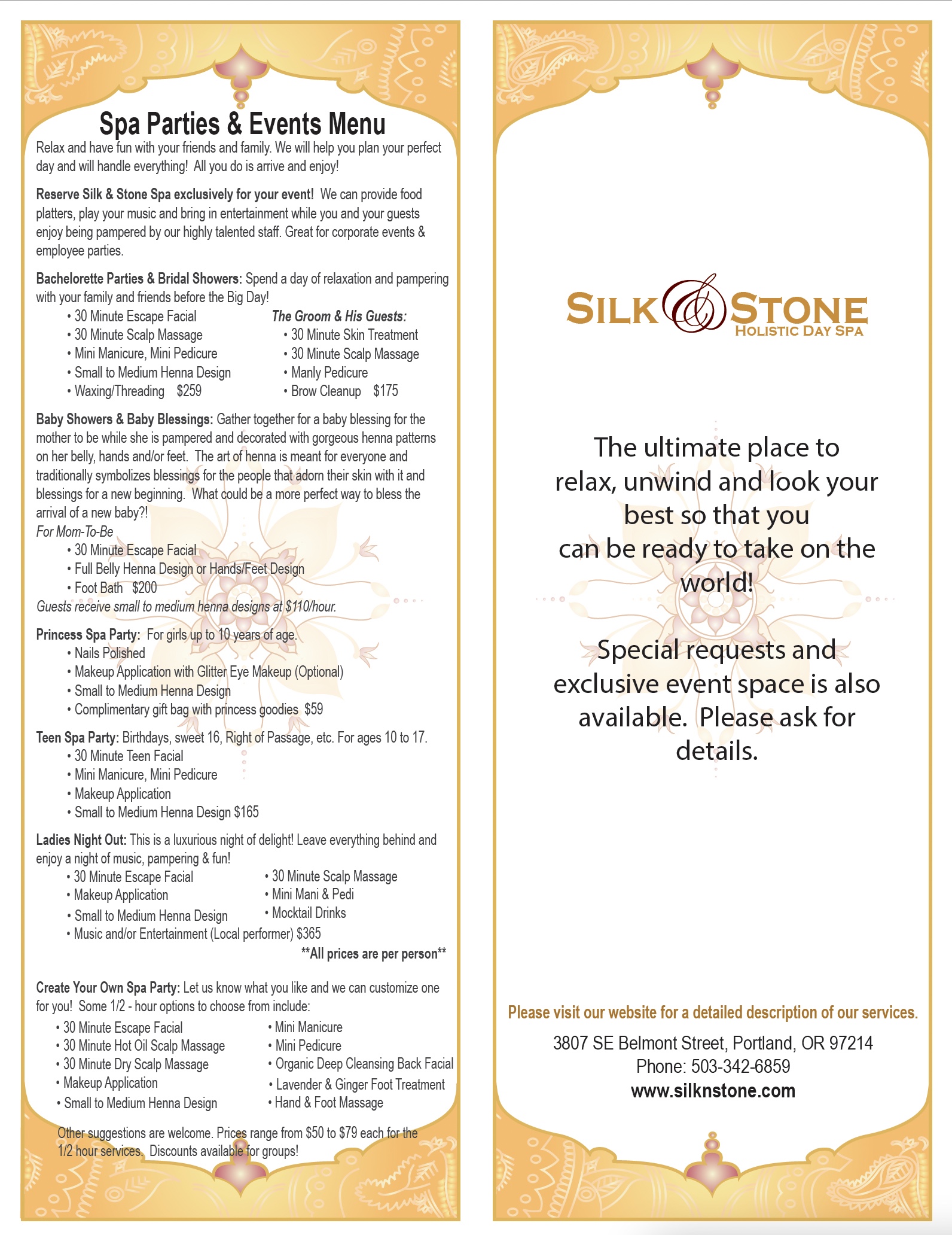 Silk & Stone SPA Portland, Oregon Salon and Spa Menu of Natural Services Spa parties