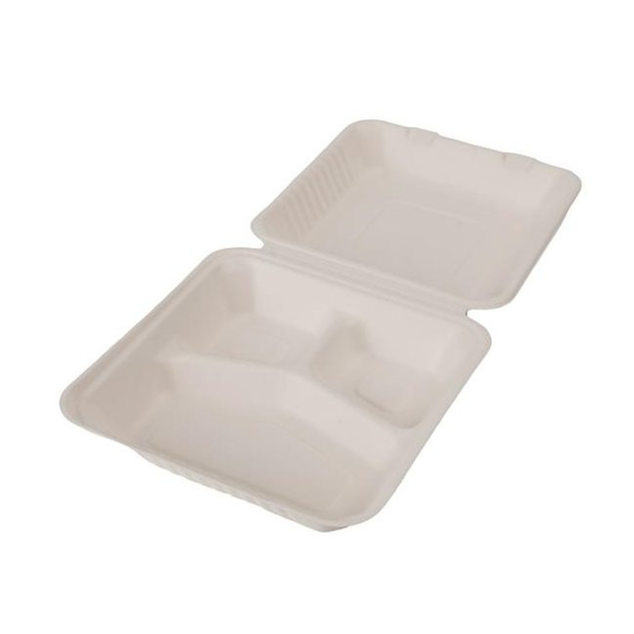 Compostable Sugarcane Clamshell 3-Cmpt - 9" x 9" - Case of 200