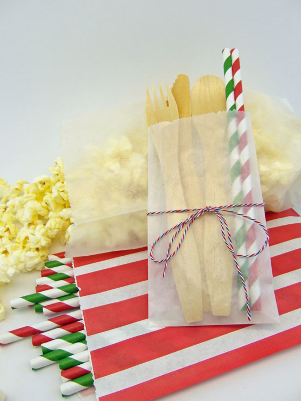 Popcorn in Medium Glassine Bags.
Cutlery & Straws in 3" x 5 1/2" Glassine Bags