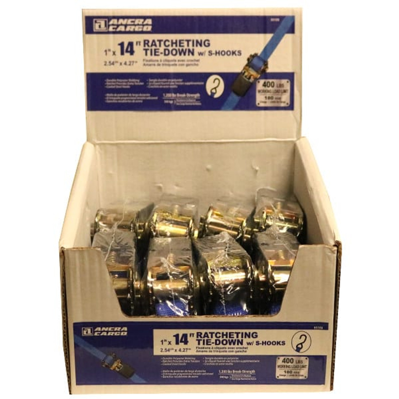 1” x 14’ Blue Ratchet Tie-Down w/S-Hooks, Bulk Bin