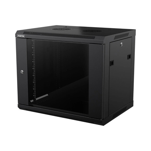Fortis 9U 450mm D x 600mm W x 500mm H, Wall Cabinet, 10/32 Threaded Rails, Glass Door, Side Locks, Assembled