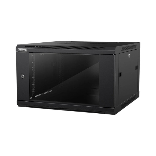 Data Wall Cabinet Fortis 6U 600mm D x 600mm W x 370mm H, 10/32 Threaded Rails, Glass Door, Side Locks, Assembled 