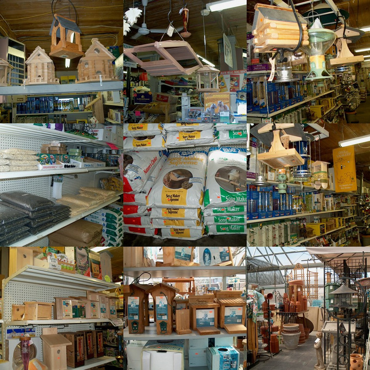 Wild bird feed and bird houses.