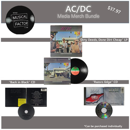 CDC Merch Bundle, Dirty Deeds Done Dirt Cheap Vinyl LP, Back in Black CD and Razors Edge CD, Bundle