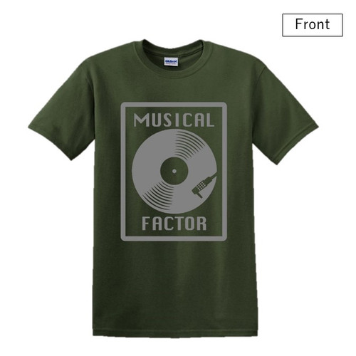 MUSICAL FACTOR Musicalfactor.com, Design 1, Green, T-Shirt, Green with Grey logo on front and back