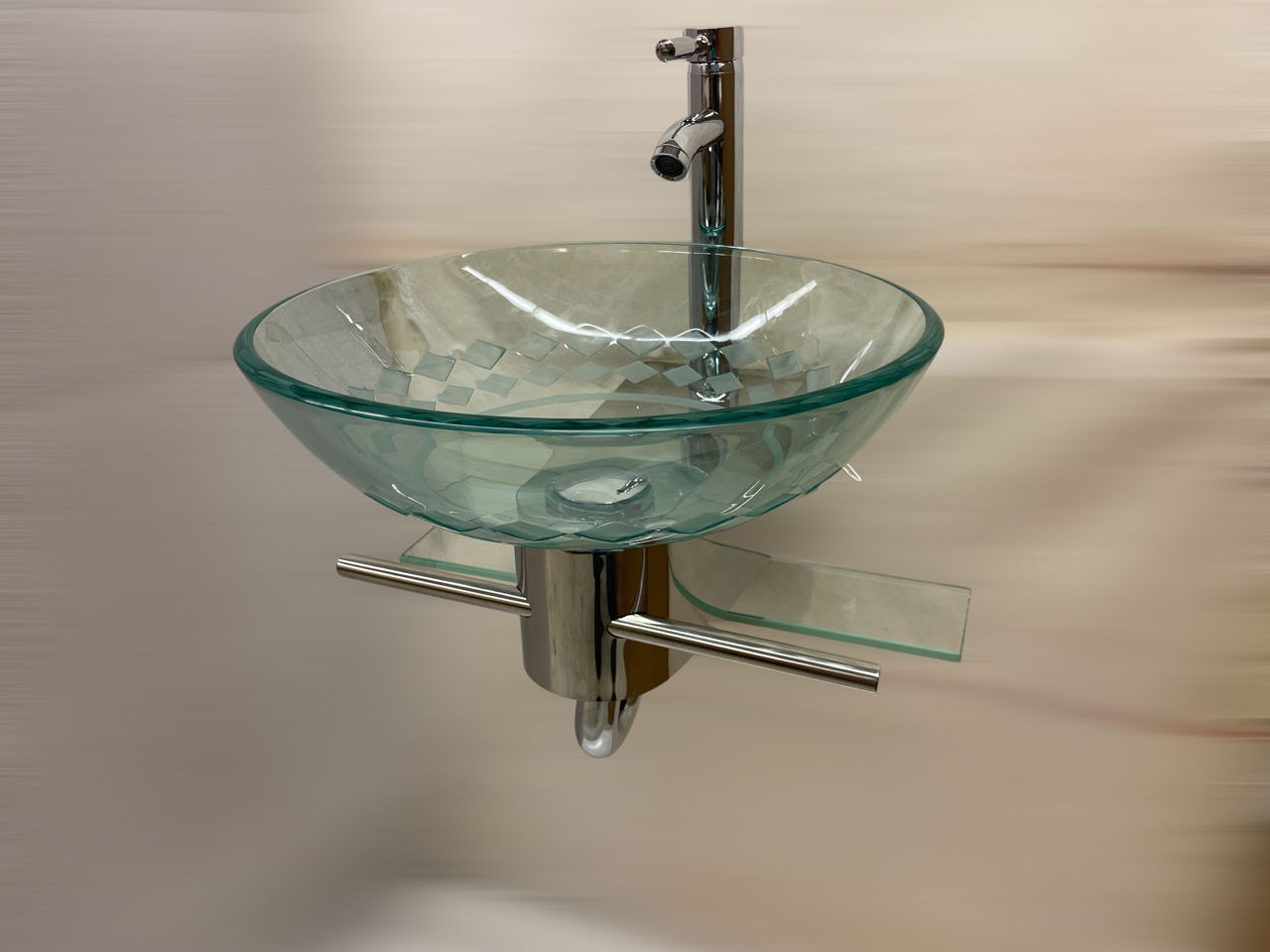 Lorixon LV-002SQ Small Modern Bathroom Vanity Clear Tempered Glass Bowl  Handmade Sink Unique Pattern Wall Mount Floating Stainless Steel Pedestal  Combo Set - Lorixon Product