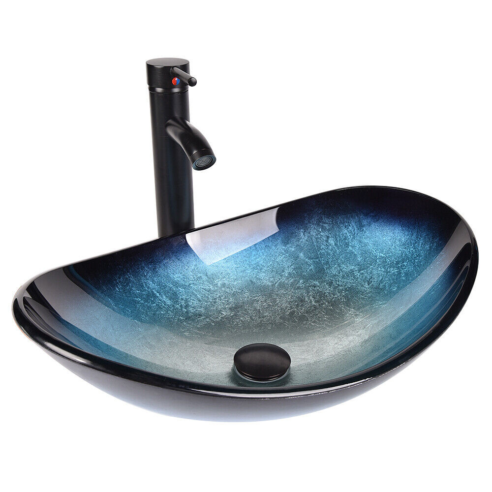 Ouboni Oval Tempered Glass Vessel Sink With Faucet – Bathroom Countertop Combo With Pop-Up Drain