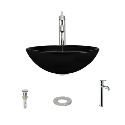Bathroom Tempered Black Glass Bowl Vessel Sink Faucet Pop-up Drain Set Combo
