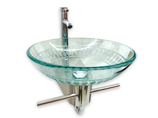 Lorixon LV-002RH Small Modern Bathroom Vanity Clear Tempered Glass Bowl Handmade Sink Unique Pattern Wall Mount Floating Stainless Steel Pedestal Combo Set 