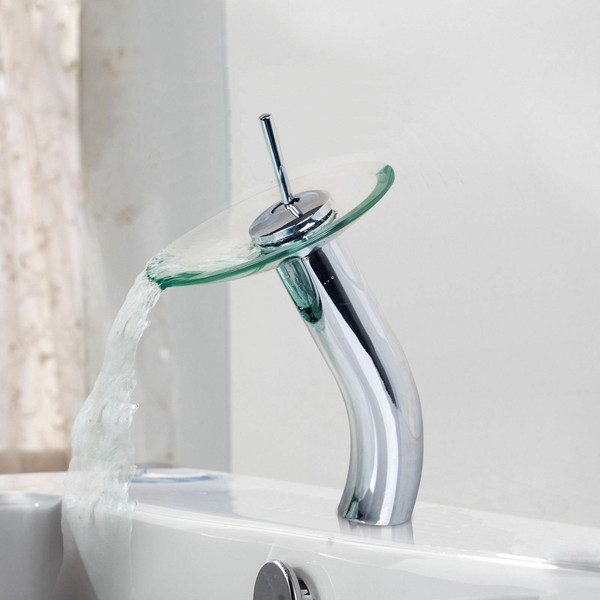 Chrome Glass Bathroom Basin Vessel Sink Faucet Waterfall Spout Taps