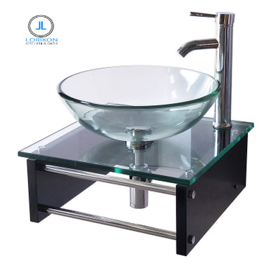 Lorixon LV-002SQ Small Modern Bathroom Vanity Clear Tempered Glass Bowl  Handmade Sink Unique Pattern Wall Mount Floating Stainless Steel Pedestal  Combo Set - Lorixon Product