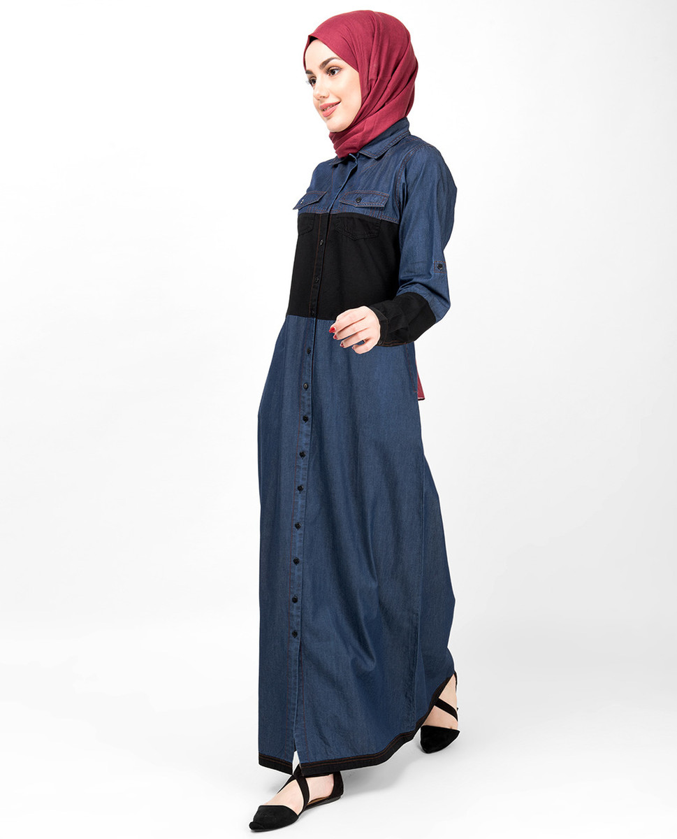 Stylish Thread Design Blue Denim Abaya Front Open Abaya For Women - Tarseel