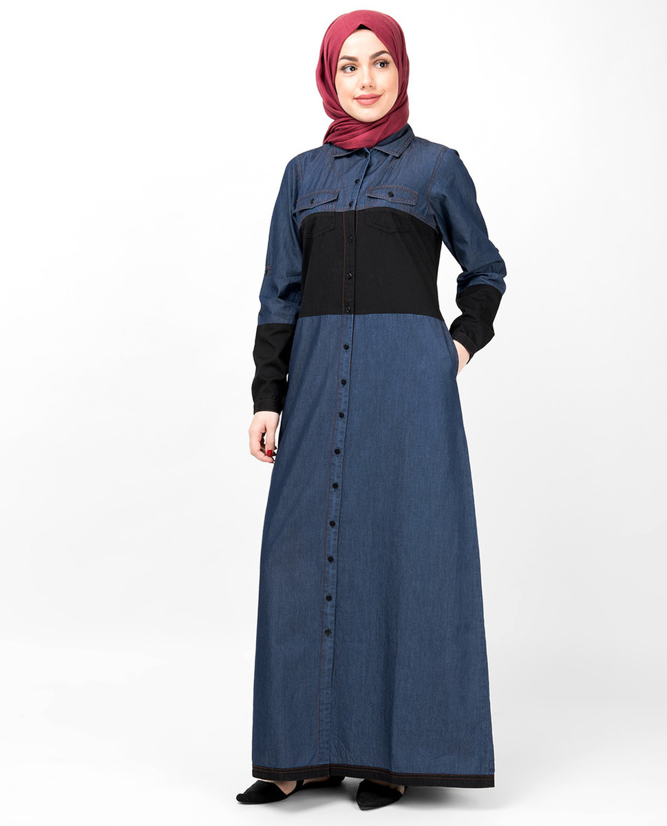 Blue plain denim abaya - Silk Route - 4064107