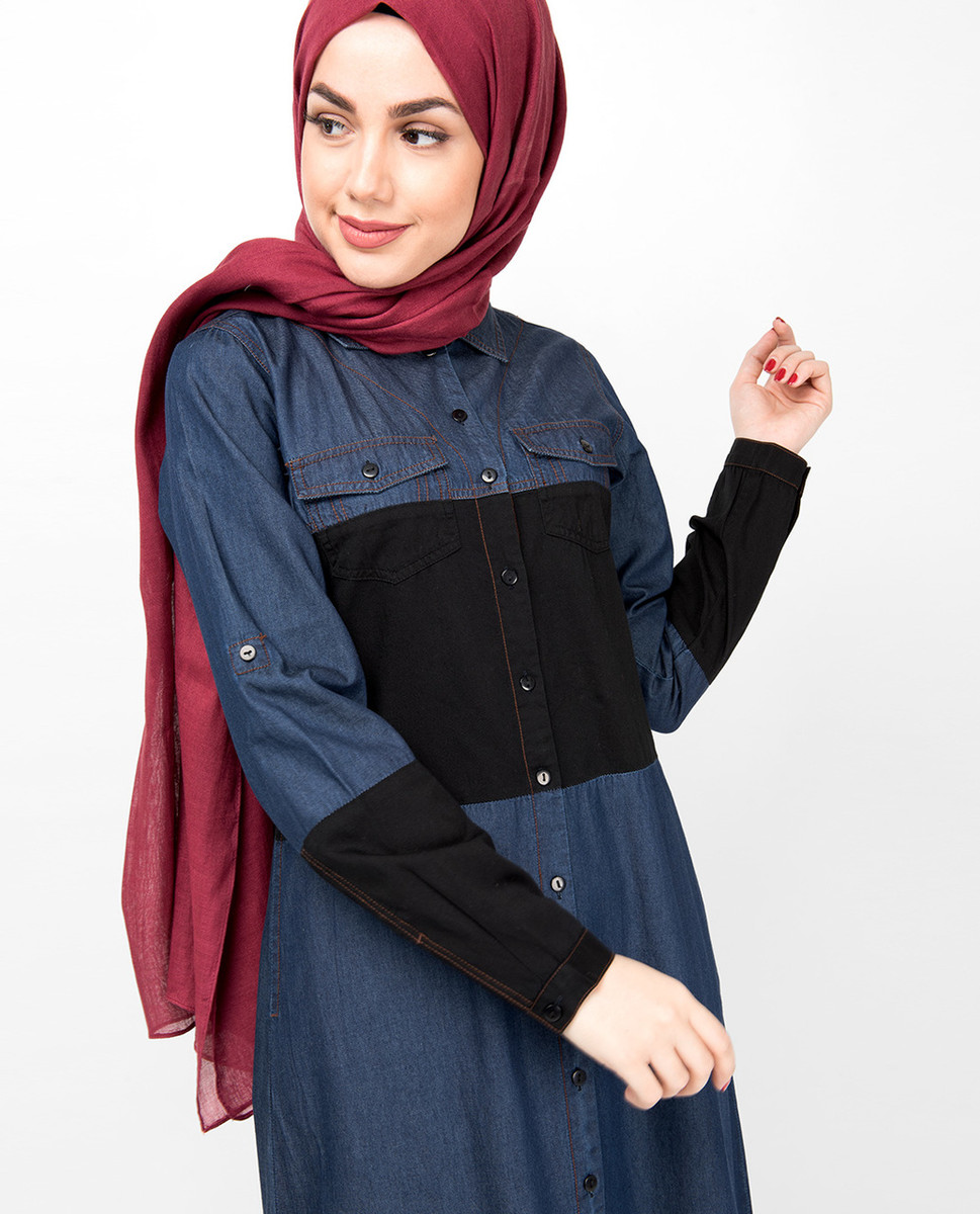 Blue & Black Full Front Open Denim Abaya, Islamic Fashion Clothing