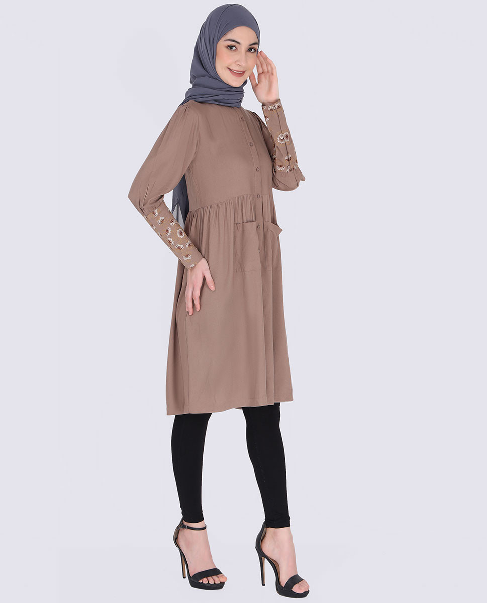 Caramel Brown Patch Pockets Dress India Islamic Design House