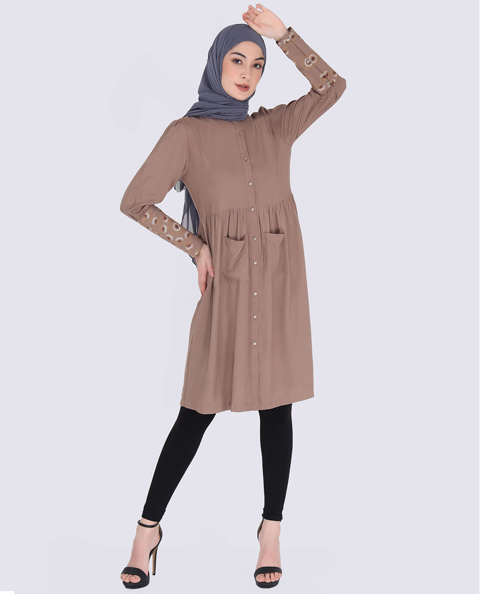 Caramel Brown Patch Pockets Dress India Islamic Design House