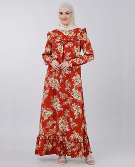 Puffed Shoulder Floral Print Abaya - Rust