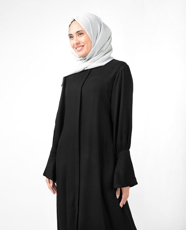 Full Front Open Black Bell Sleeve Abaya