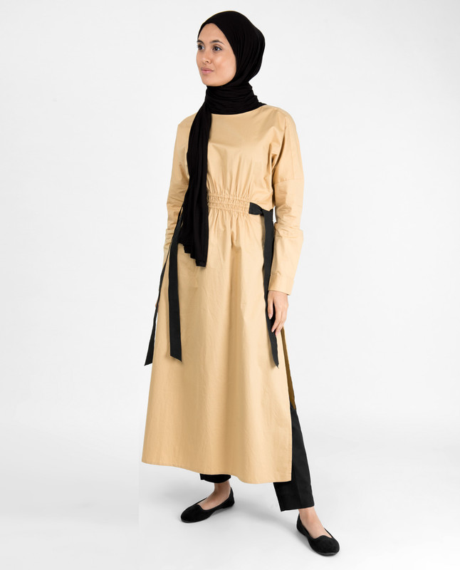 Biscuit Beige Boat Neck Long Top