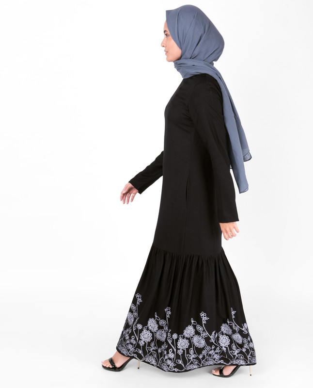 Black Floral Print Gathered Abaya