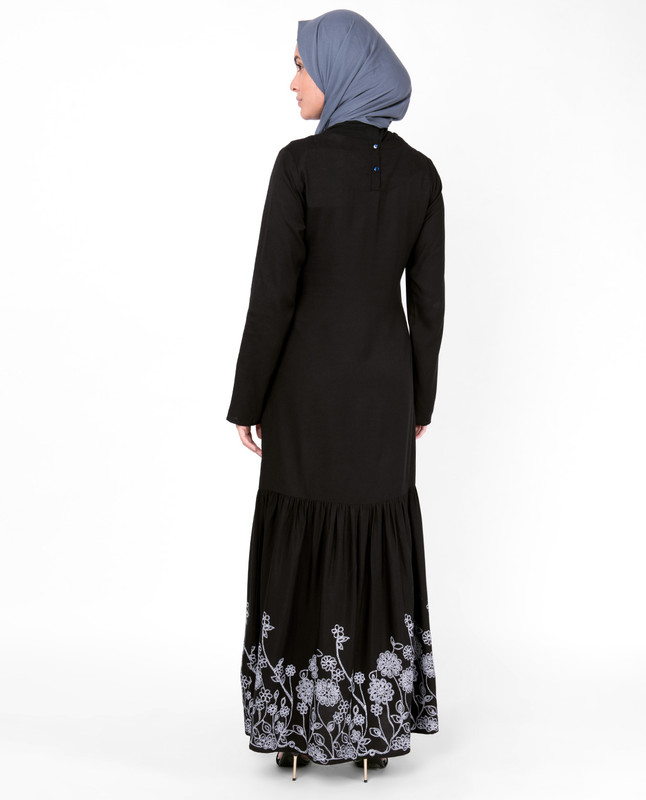 Black Floral Print Gathered Abaya