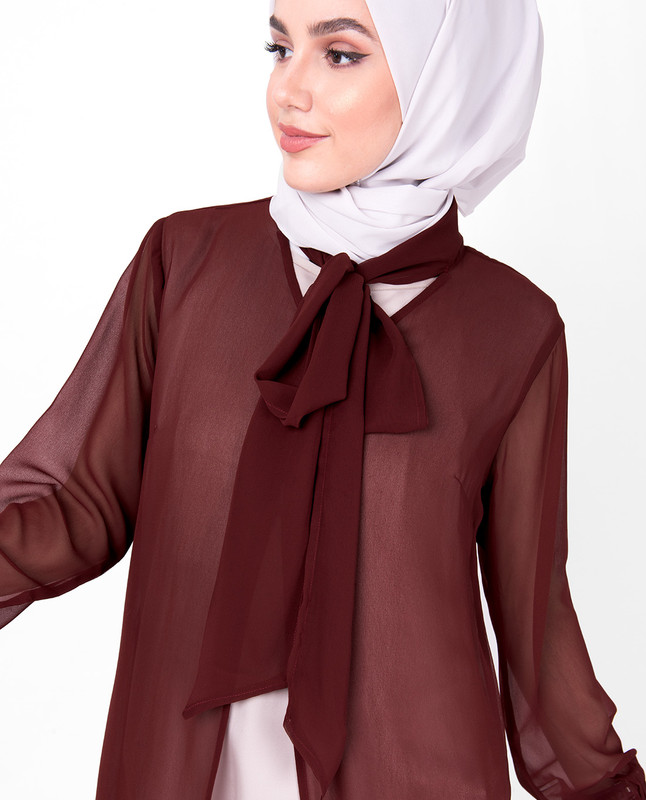 Maroon Gathered Neck Sheer Outerwear