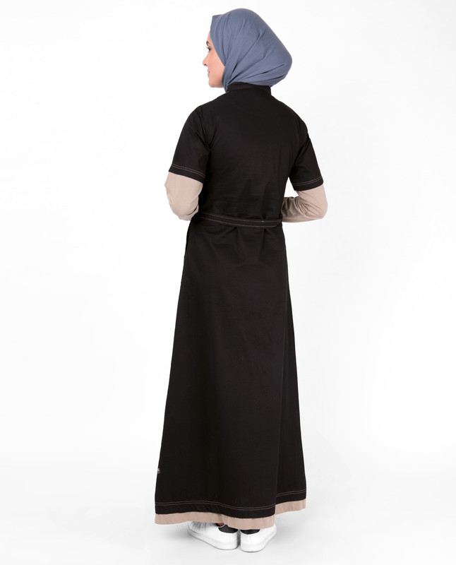 Black Tie Up Contrast Sleeve Abaya