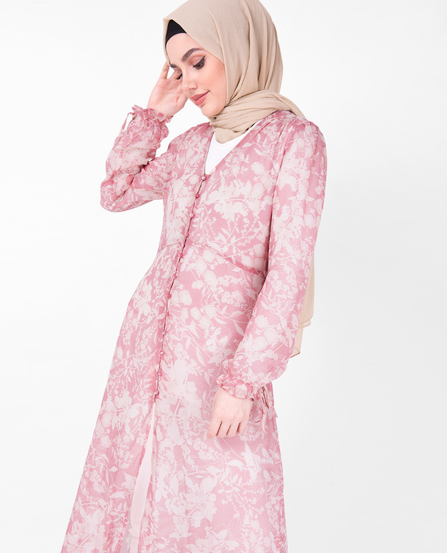 V Neck Pink Floral Sheer Outerwear
