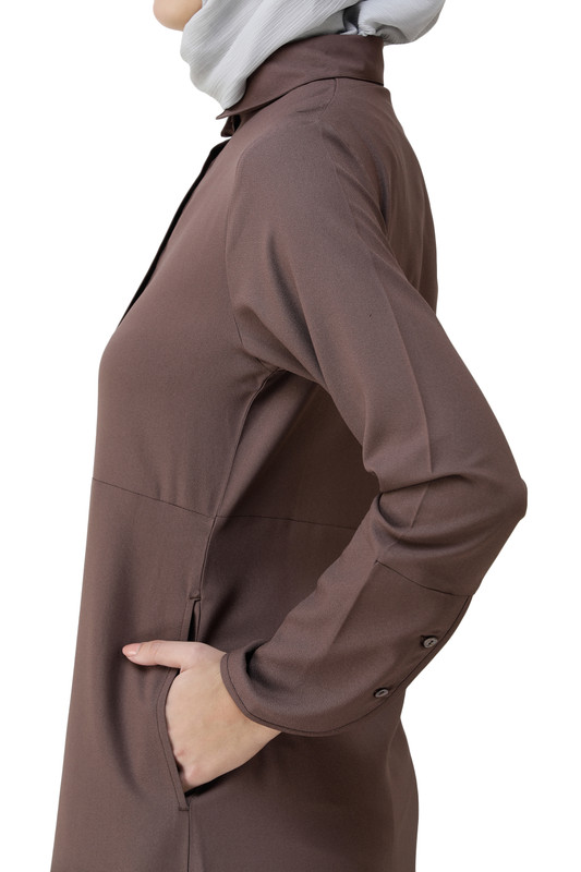 Cognac Brown Shirt Collar Abaya