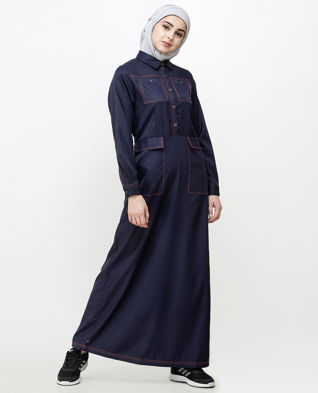 Navy Blue Patch Pockets Buttoned Jilbab