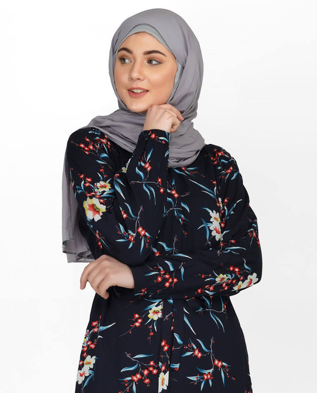 Deep Navy Floral V Neck Abaya