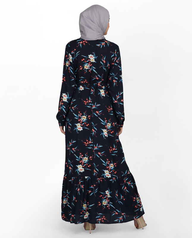 Deep Navy Floral V Neck Abaya