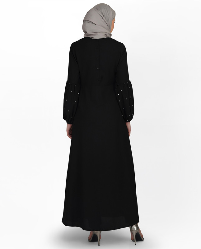 Pearl Embellished Black Puffed Sleeve Abaya