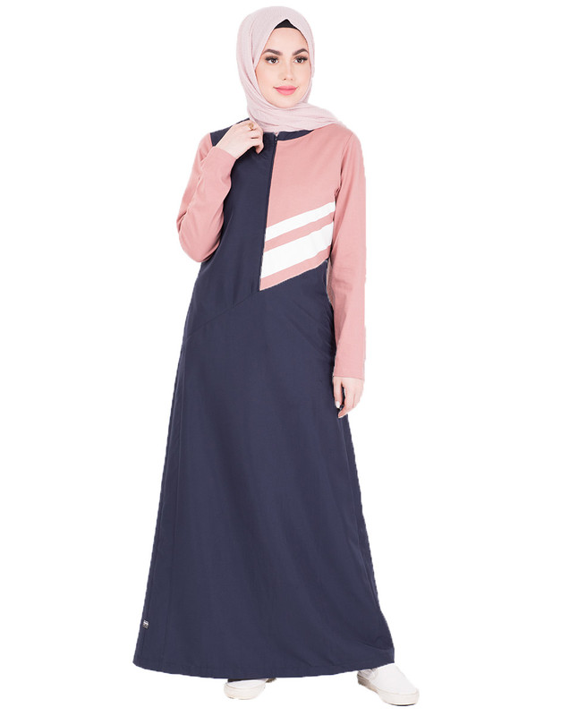 Grey & Pink Retro Stripe Print Jilbab