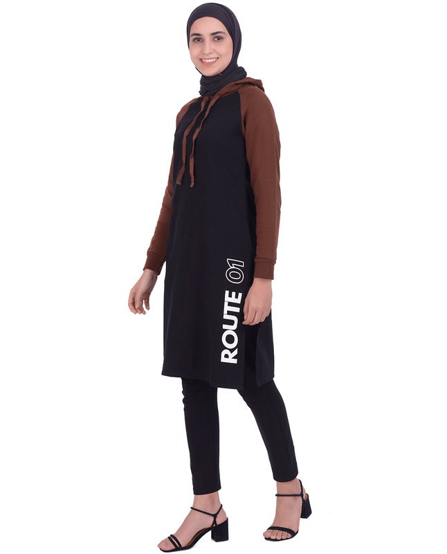 Black & Brown Raglan Hoody With Print