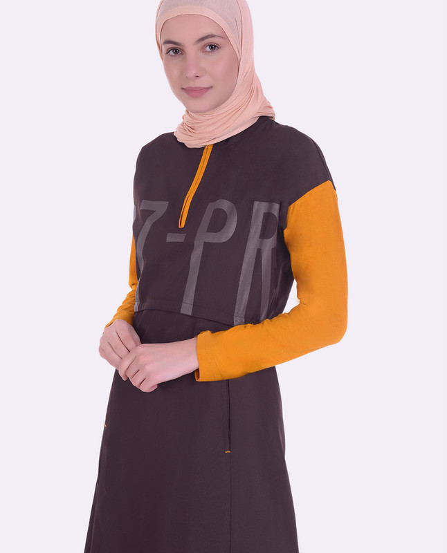 Coffee Brown & Mustard Jilbab with Waist Adjustable Toggles